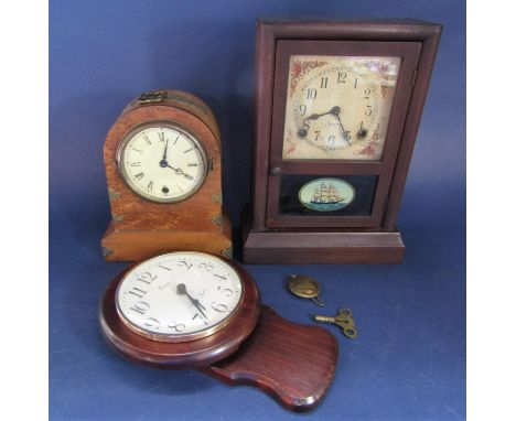 A yew wood domed topped mantle clock together with a further American shelf clock and a modern drop dial clock (3) 