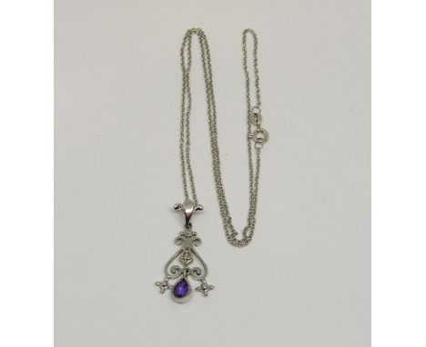 9ct white gold pendant necklace set with a small diamond and an articulated pear cut amethyst drop, pendant 3cm L approx, 3.1