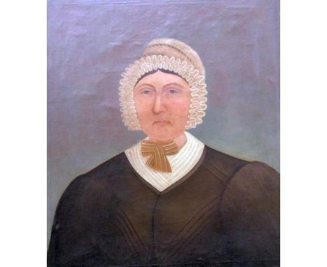 19th century naive school - Bust length portrait of a woman in white lace trimmed bonnet and brown dress, oil on canvas, 68 x