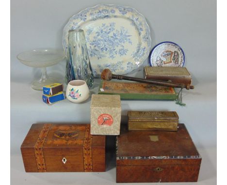 A Victorian parlour room game by Jaques &amp; Sons, Zoological Lotto, a Tunbridge ware caddy with butterfly work top, a furth