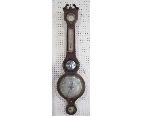 Flame mahogany and box wood banjo barometer thermometer with engraved silver dial by A. Molinari of Halesworth, 96 cm high 