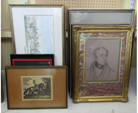 A collection of pictures and prints including a bust length 19th century charcoal portrait of a gentleman, 30.5 x 24cm, an 18