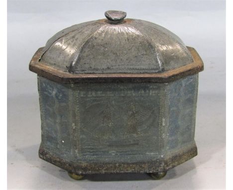 Good quality antique lead lidded caddy, with faceted engraved panels of a two mast sailing vessel inscribed 'Free Trade,' wit