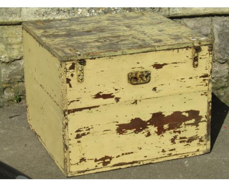 A vintage painted industrial pine box with iron fittings and removeable lid, 72cm square (excluding fittings,) 56cm high 