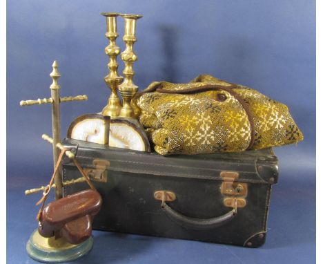 A mixed lot comprising a brass mug tree, pair of brass candlesticks, a pair of agate bookends, vintage camera and two cases (