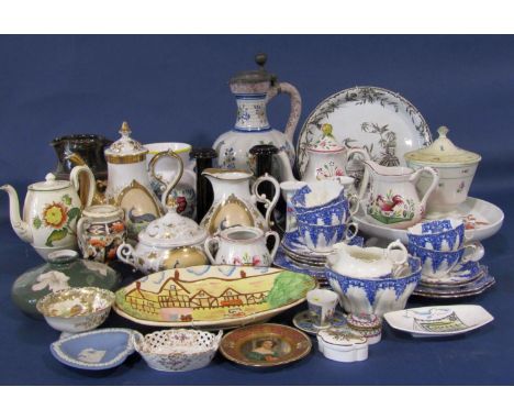 An interesting collection of 19th century and later ceramics including a large continental tin glazed earthenware ewer with p