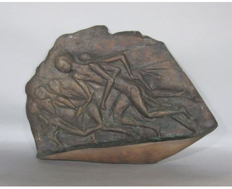 Heavy cast bronze plaque embossed with an athletic scene with runners, signed and inscribed MR Hawkins, dated 1990, 42 x 53cm