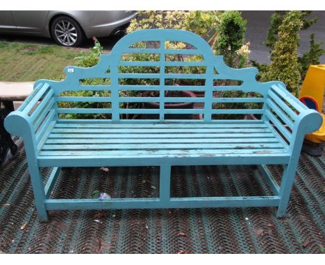 A Lutyens style teak three seat garden bench with all over turquoise painted finish, 167 cm long 