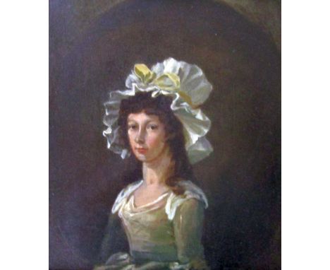 18th century half length portrait of a young woman in white mob cap, oil on board, 13 x11.5cm in gilt frame 