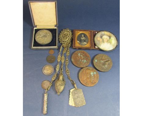 A box of interesting items comprising a Morocco leather cased daguerrotype, a silver plated chatelaine with various accessori