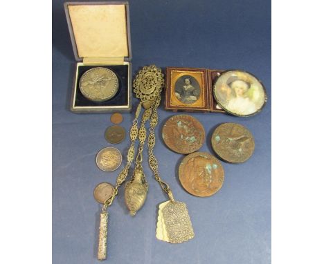 A box of interesting items comprising a Morocco leather cased daguerrotype, a silver plated chatelaine with various accessori