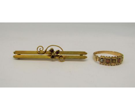 Victorian 15ct pearl and coral ring, size Q/R, together with a 15ct shamrock bar brooch set with pink spinel, 4.6g total (2) 