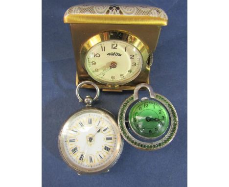 Antique .935 silver fob watch with engraved case and enamel dial with Roman numerals in gilt decoration, 35 mm case, together