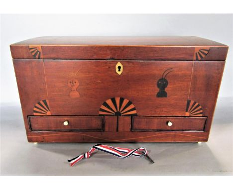 Late 18th/early 19th century, possibly American Colonial inlaid mahogany tea caddy, the hinged lid enclosing a leather lined 