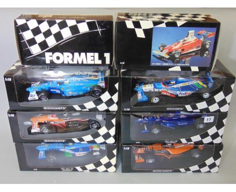 8 Minichamps Grand Prix Formula One 1:18 scale boxed model racing cars including Ferrari 412 T2 J Alesi, Ferrari 312 T C. Reg