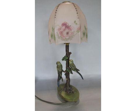 Good quality early 20th century figural cast metal table lamp, decorated with budgies on a branch, with typical deco type sha