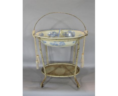 Possible French two tier painted wrought iron washstand with hoop hinged handle and twin ceramic basin, 60cm high 
