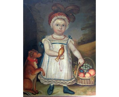 19th century naive school - Full length portrait of a standing child in a landscape setting holding a basket of fruit and acc