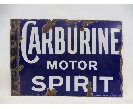 A Carburine Motor Spirit double sided enamel sign with flattened hanging flange by Bruton of Palmers Green, 20 1/2 x 14". 