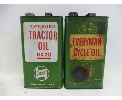 A Castrol Everyman Cycle Oil gallon can and an Agricastrol Tractor Oil can.