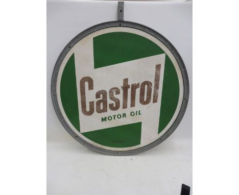A large French Castrol Motor Oil circular double sided advertising sign set within a galvanised hanging bracket, 38 1/2" diam