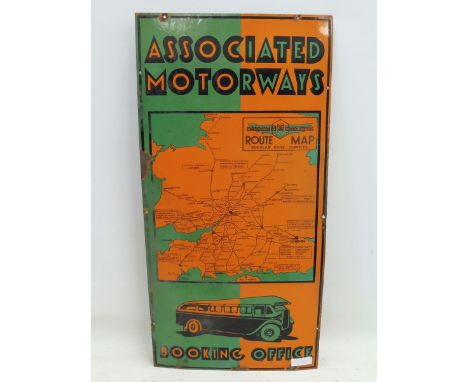 An Associated Motorways Booking Office orange and green part pictorial rectangular enamel sign depicting the route map of reg