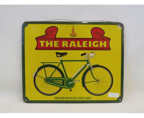 A Raleigh Bicycles pictorial enamel sign, in excellent condition, possibly Continental, 19 3/4 x 15 3/4".