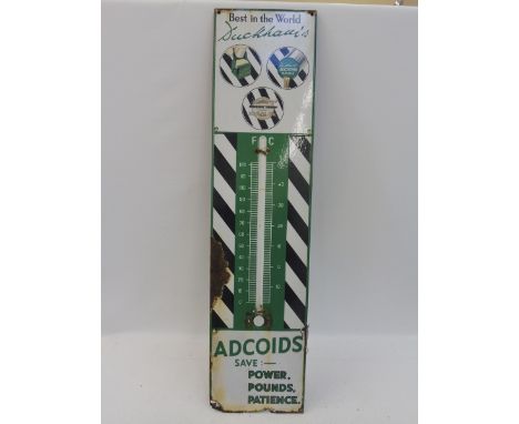 A Duckham's Adcoids black and white enamel thermometer, lacking tube, 11 x 45". 