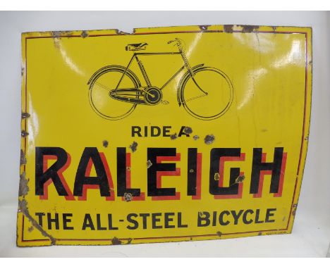 A Raleigh 'The all steel bicycle' rectangular enamel sign with image of a bicycle to the top, by Sells Limited of London, 14 