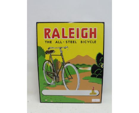 A Raleigh 'The all-steel bicycle' pictorial enamel sign marked to the lower right 'Printed in England, Series No. 3809', 17 x