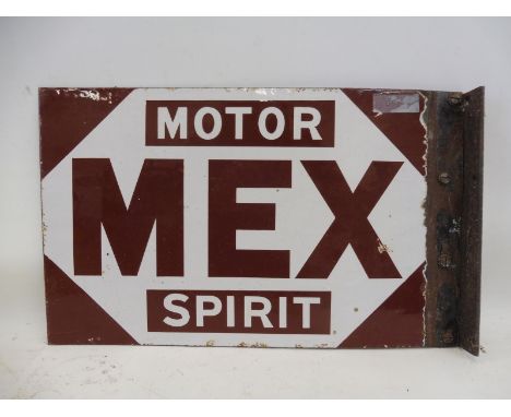 A Mex Motor Spirit double sided enamel sign by Bruton of Edmonton, with flattened hanging flange, 19 1/2 x 12". 