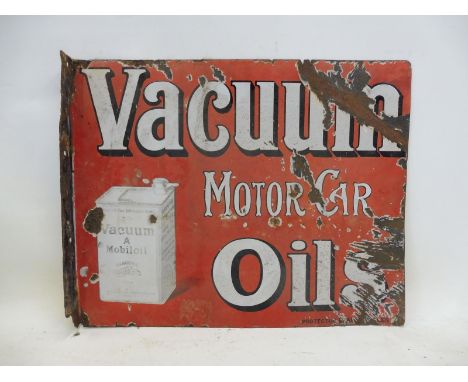 A Vacuum Motor Car Oils part pictorial double sided enamel sign with hanging flange, with can motif to both sides, by Protect