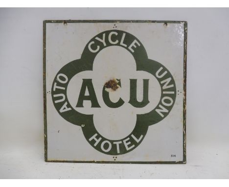 An Auto Cycle Union Hotel double sided enamel sign, 20 x 20". 