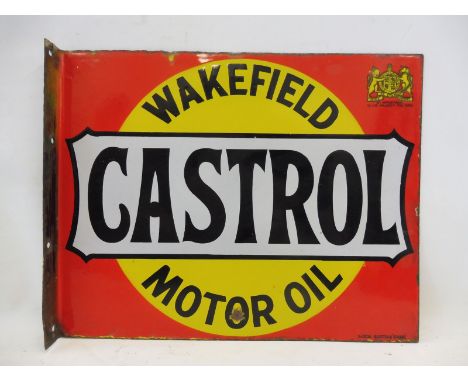 A Wakefield Castrol Motor Oil double sided enamel sign with hanging flange by Stocal of Burton and Birmingham, with royal cre