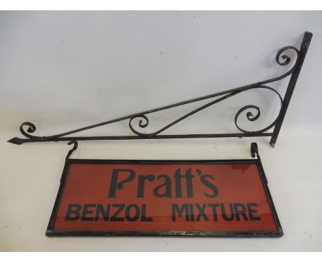 A Pratt's Benzole Mixture rectangular double sided hanging sign on bracket, 24 1/2 x 12" (measurement for sign only).