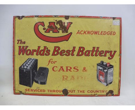 A CAV 'The World's Best Battery for Cars and Radio' part pictorial rectangular enamel sign circa 1920s, 30 x 22".