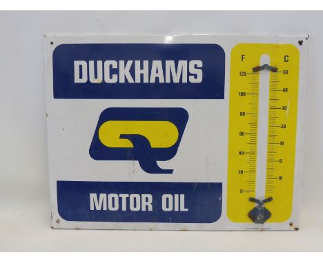 A Duckhams Motor Oil enamel thermometer, lacking tube by Burnham of London, 26 x 20".