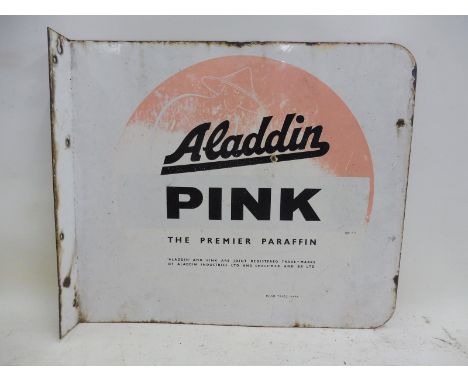 An Aladdin Pink Paraffin double sided enamel sign with hanging flange, 19 x 16 1/2". 