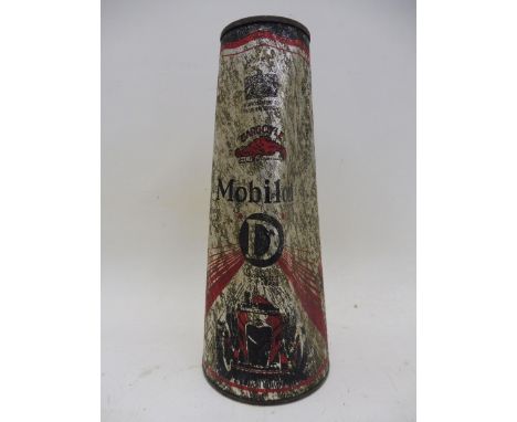 A rare Mobiloil 'D' Grade for Motorcycles and Sports Cars conical cardboard can, with contents, decoration depicting both a m