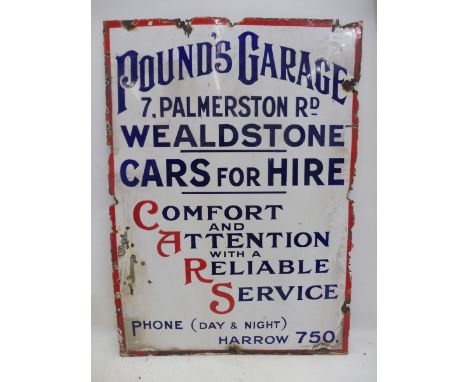 An unusual rectangular enamel sign advertising Pound's Garage, 7 Palmerston Road, Wealdstone, 26 x 36"