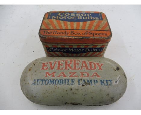 An Eveready Mazda Automobile Lamp Kit tin and a Cossor Motor Bulbs rectangular tin.