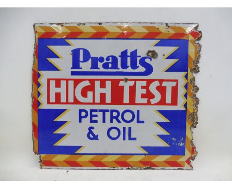 A Pratts High Test Petrol and Oil brightly coloured double sided enamel sign by Bruton of Palmers Green, lacking hanging flan