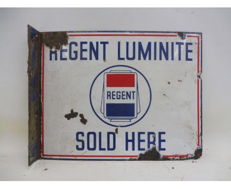 A Regent Luminite part pictorial double sided enamel sign with hanging flange, 18 x 14". 