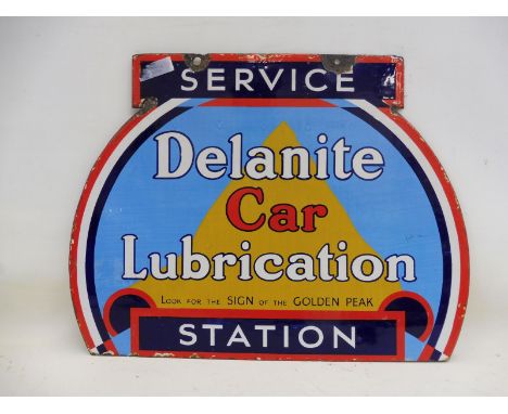 A good Delanite Car Lubrication Station brightly coloured double sided enamel sign, with good gloss to one side, 24 x 18 1/4"