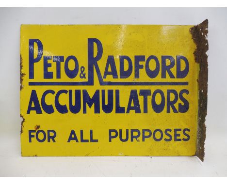 A Peto &amp; Radford Accumulators double sided rectangular enamel sign with hanging flange, 24 x 18".