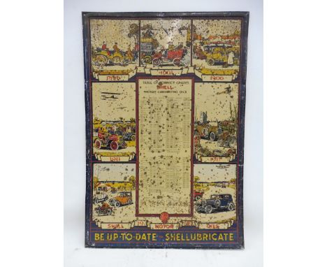 A Shell Lubrication tin chart sign, dated 1929 depicting seven different ages of motor car and a table of correct grades of S