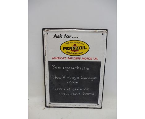 A Pennzoil Oil Lubrication enamel sign with integral blackboard, mounted on board, 18 1/2 x 24 1/2". 