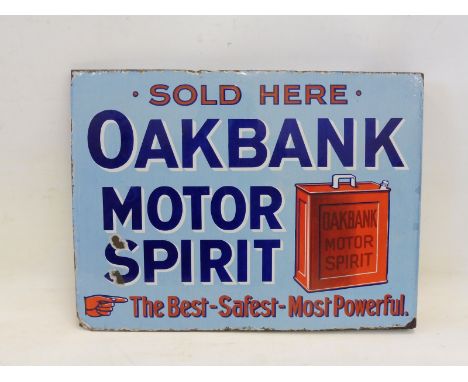 A rare Oakbank Motor Spirit part pictorial double sided enamel sign with hanging flange depicting the early two gallon petrol