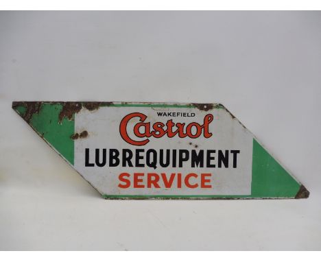 A Wakefield Castrol Lubrequipment Service shaped double sided enamel sign, 50 x 15". 