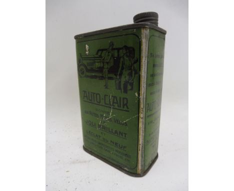 A French Auto-Clair rectangular tin with image of a motor car to both sides.